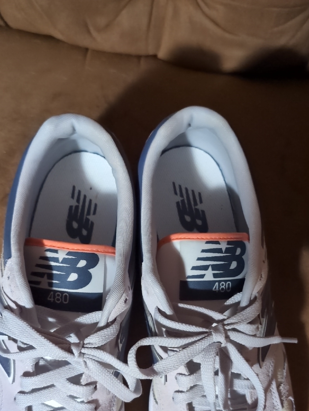 New Balance White & Navy Sneakers with Coral Trim